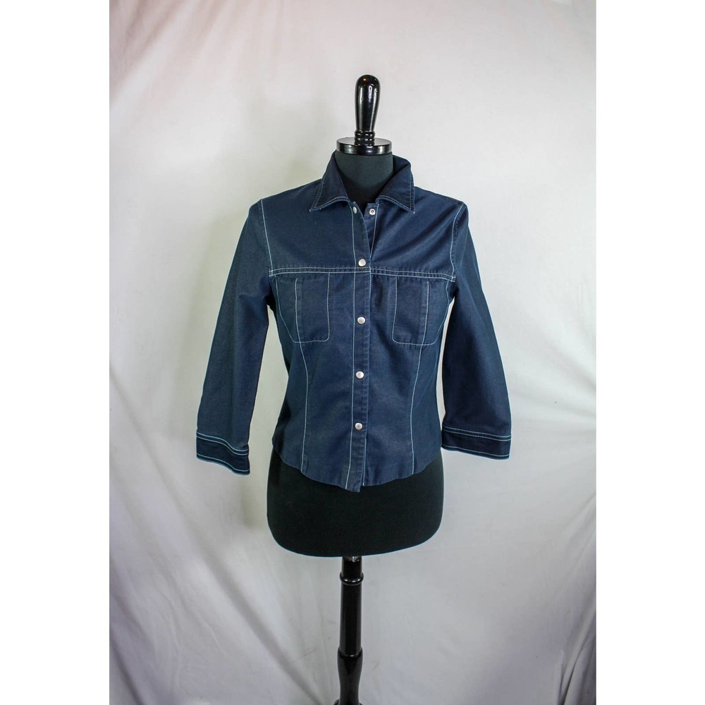Yansi Fugel Snap Front Top Collared 3/4 Length Sleeves Blue Size S/P